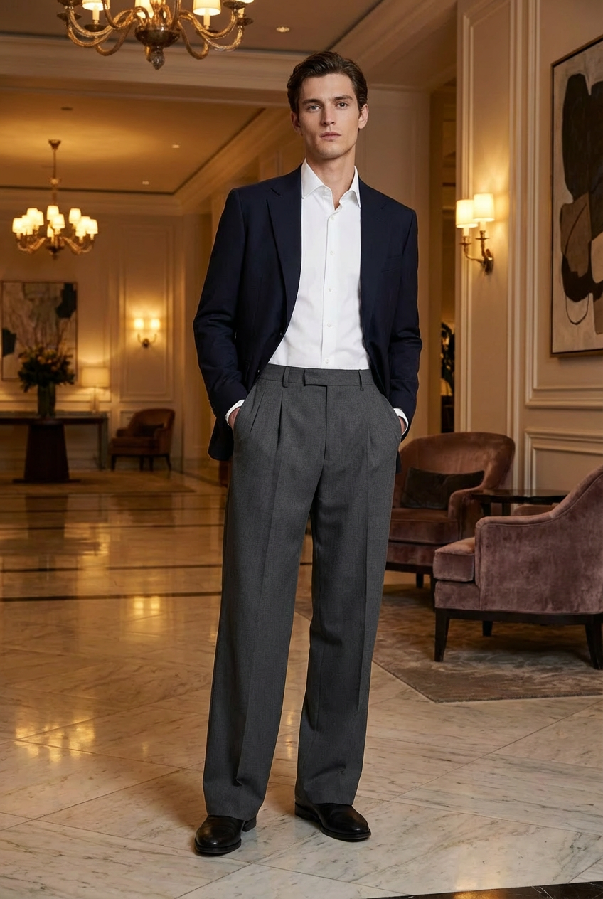 Men's Pleated Wide-Leg Wool Blend Trousers - Charcoal Grey