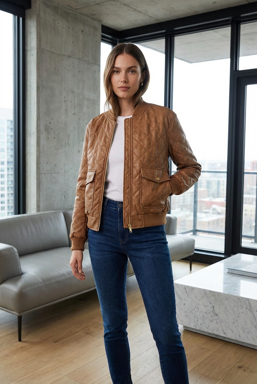 Women's Quilted Faux Leather Bomber Jacket