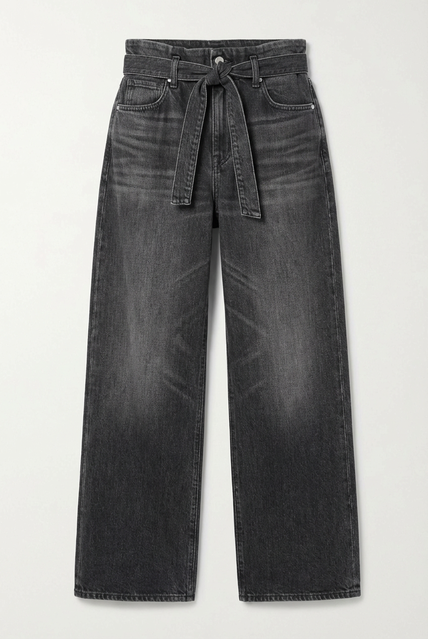 Women's Washed Black High-Rise Wide-Leg Tie-Waist Jeans