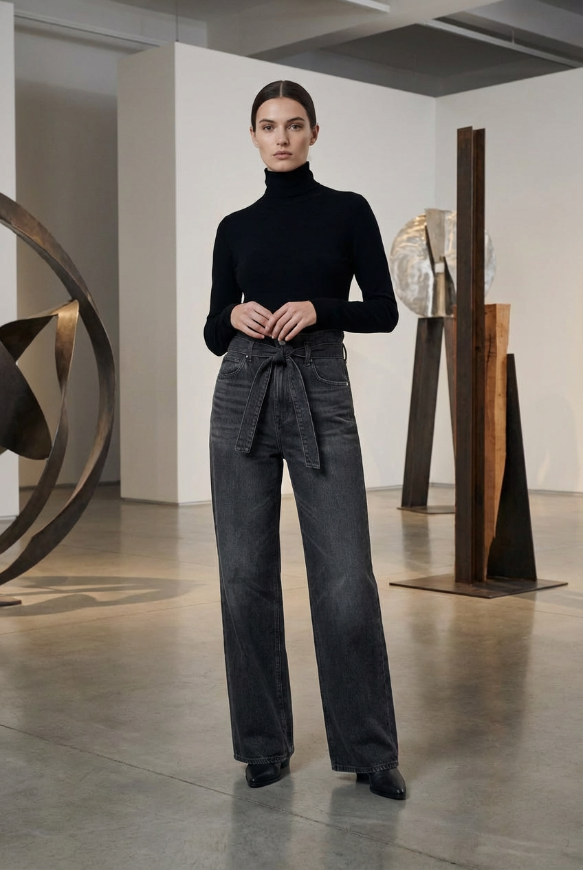Women's Washed Black High-Rise Wide-Leg Tie-Waist Jeans