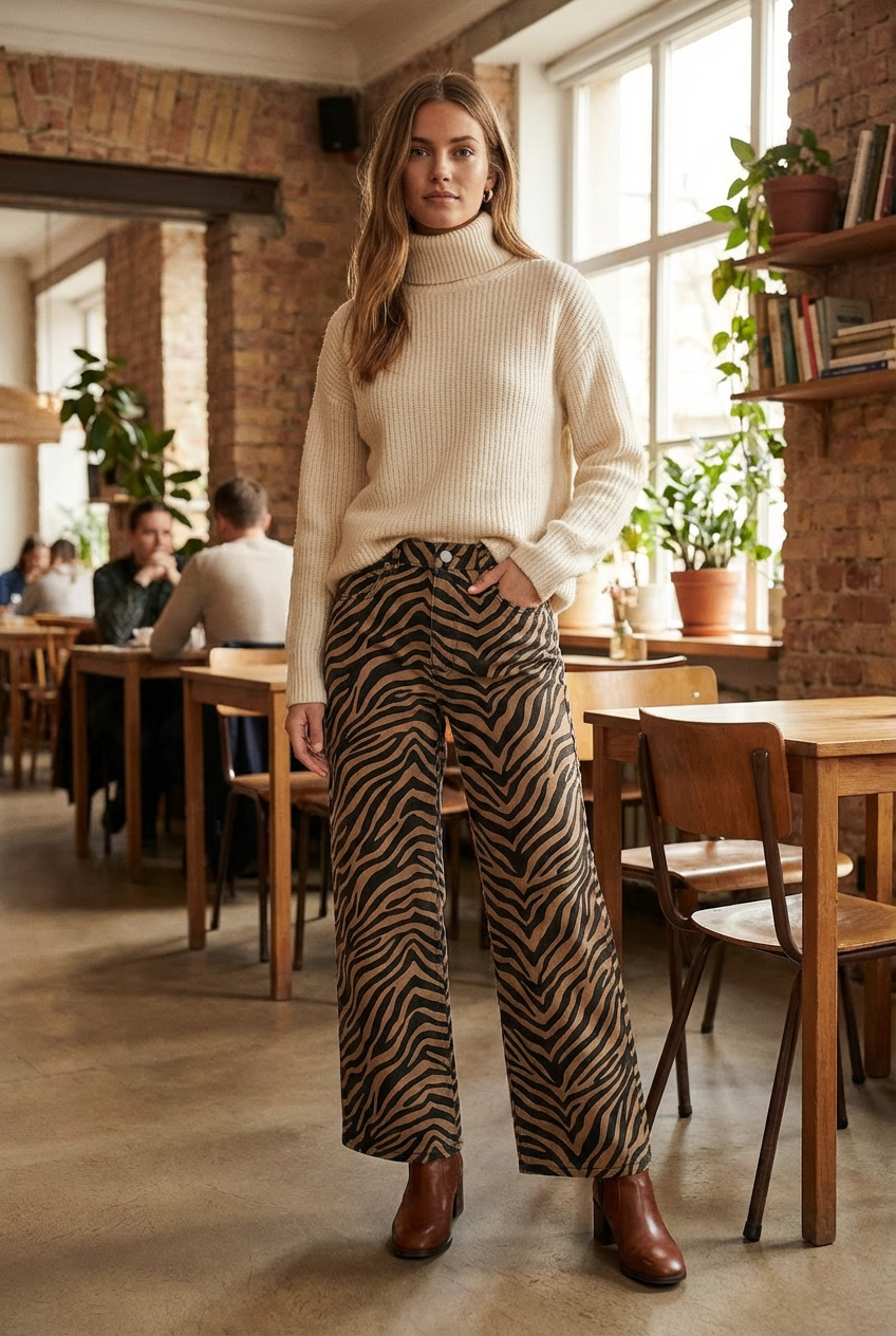Women's Zebra Print High-Waist Wide-Leg Cropped Jeans