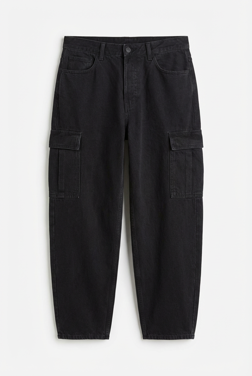 Men's Washed Black Denim Cargo Pants