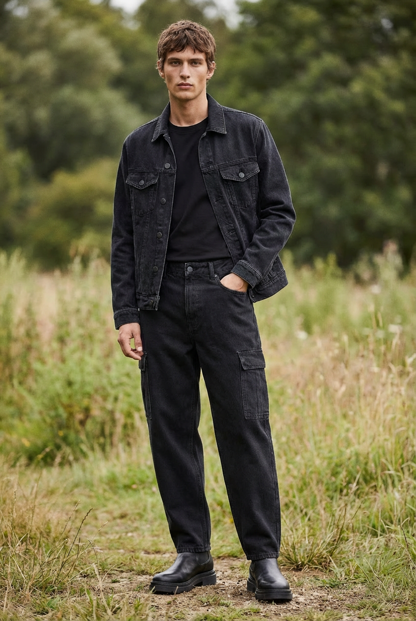 Men's Washed Black Denim Cargo Pants