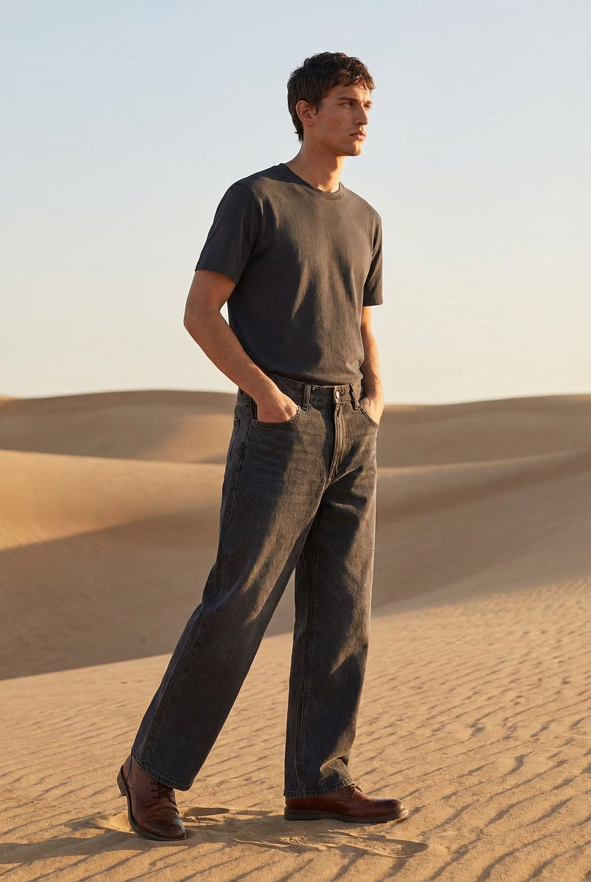 Men's Washed Black Wide-Leg Denim Jeans