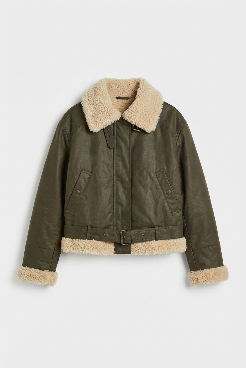 Women's Khaki Faux Leather Shearling Bomber Jacket