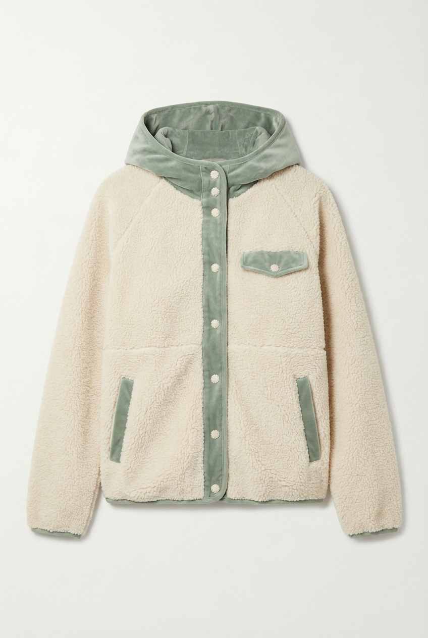 Hooded Sherpa Fleece Jacket with Velvet Trim