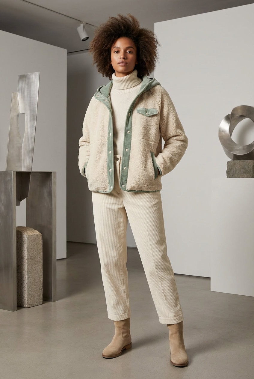 Hooded Sherpa Fleece Jacket with Velvet Trim