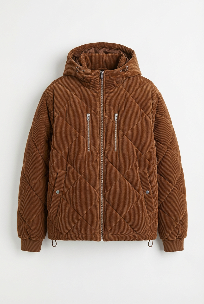 Men's Brown Corduroy Quilted Hooded Jacket