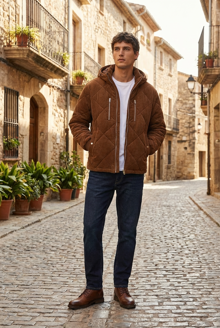 Men's Brown Corduroy Quilted Hooded Jacket