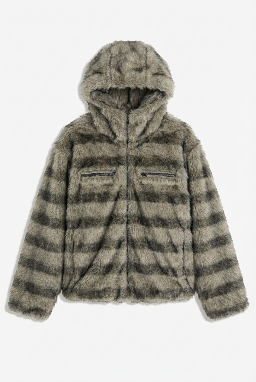 Men's Grey Striped Faux Fur Hooded Jacket