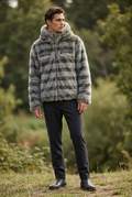 Men's Grey Striped Faux Fur Hooded Jacket