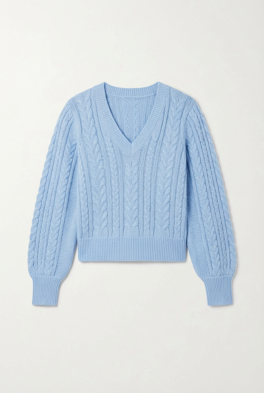 Women's Light Blue Cable Knit V-Neck Sweater
