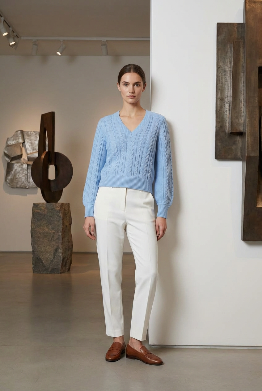 Women's Light Blue Cable Knit V-Neck Sweater