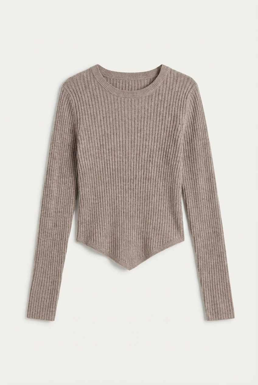 Ribbed Knit Long Sleeve Pointed Hem Top