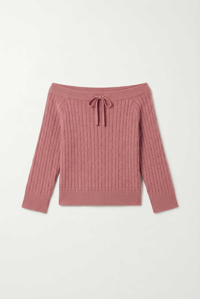 Dusty Rose Cable Knit Off-the-Shoulder Sweater