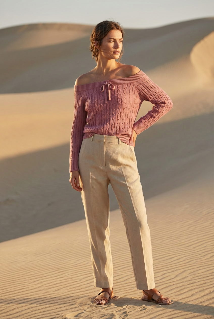 Dusty Rose Cable Knit Off-the-Shoulder Sweater