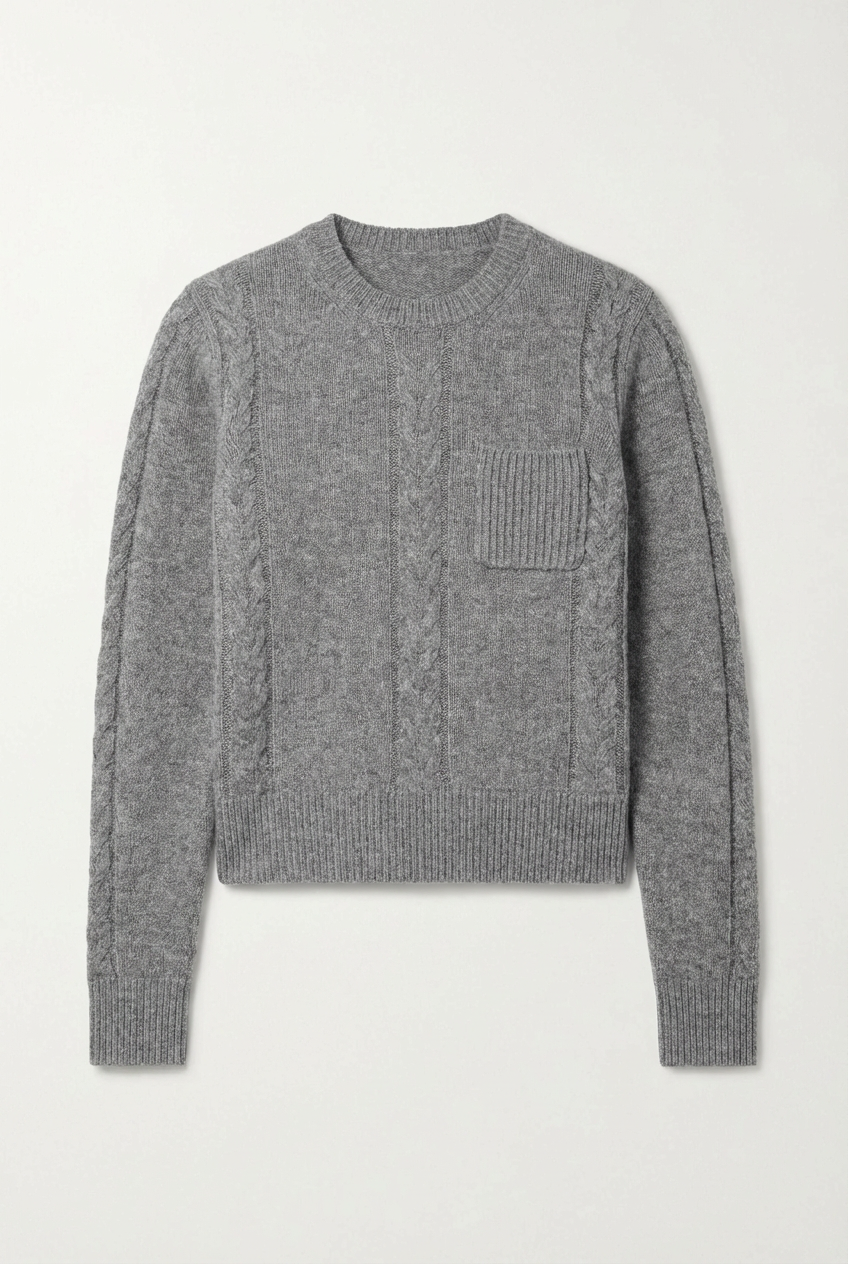 Women's Gray Cable Knit Crewneck Sweater with Chest Pocket