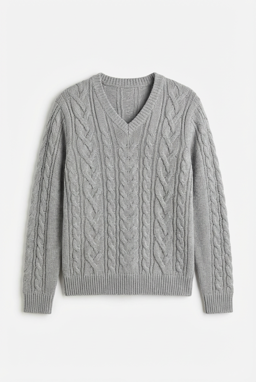 Men's Grey Cable Knit V-Neck Sweater