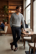 Men's Grey Cable Knit V-Neck Sweater