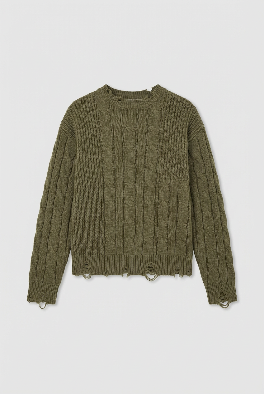 Men's Distressed Cable Knit Sweater