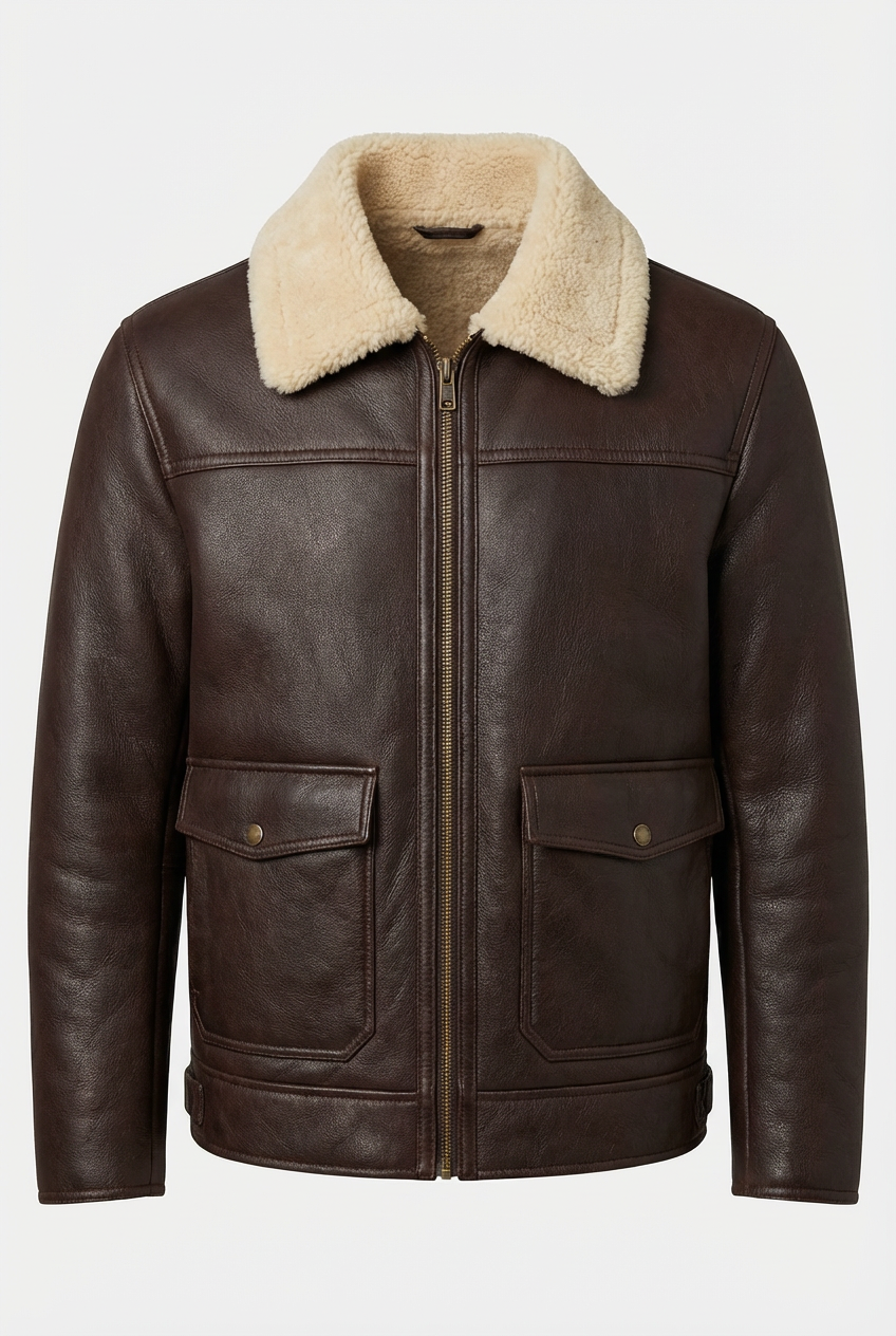 Men's Dark Brown Shearling Collar Leather Bomber Jacket