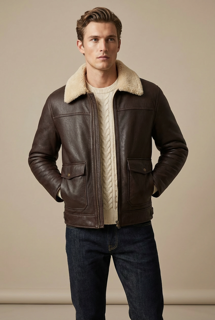 Men's Dark Brown Shearling Collar Leather Bomber Jacket