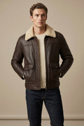 Men's Dark Brown Shearling Collar Leather Bomber Jacket