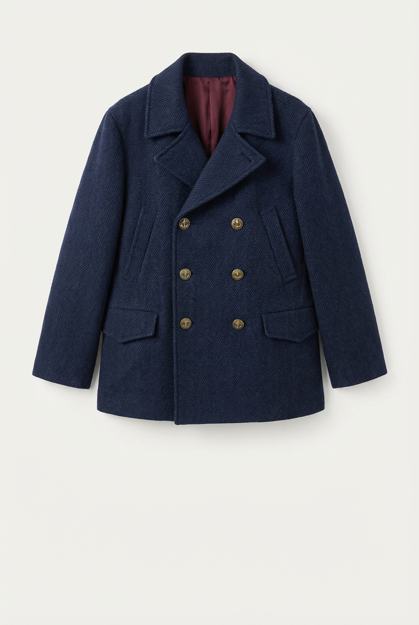 Men's Navy Herringbone Wool Blend Peacoat
