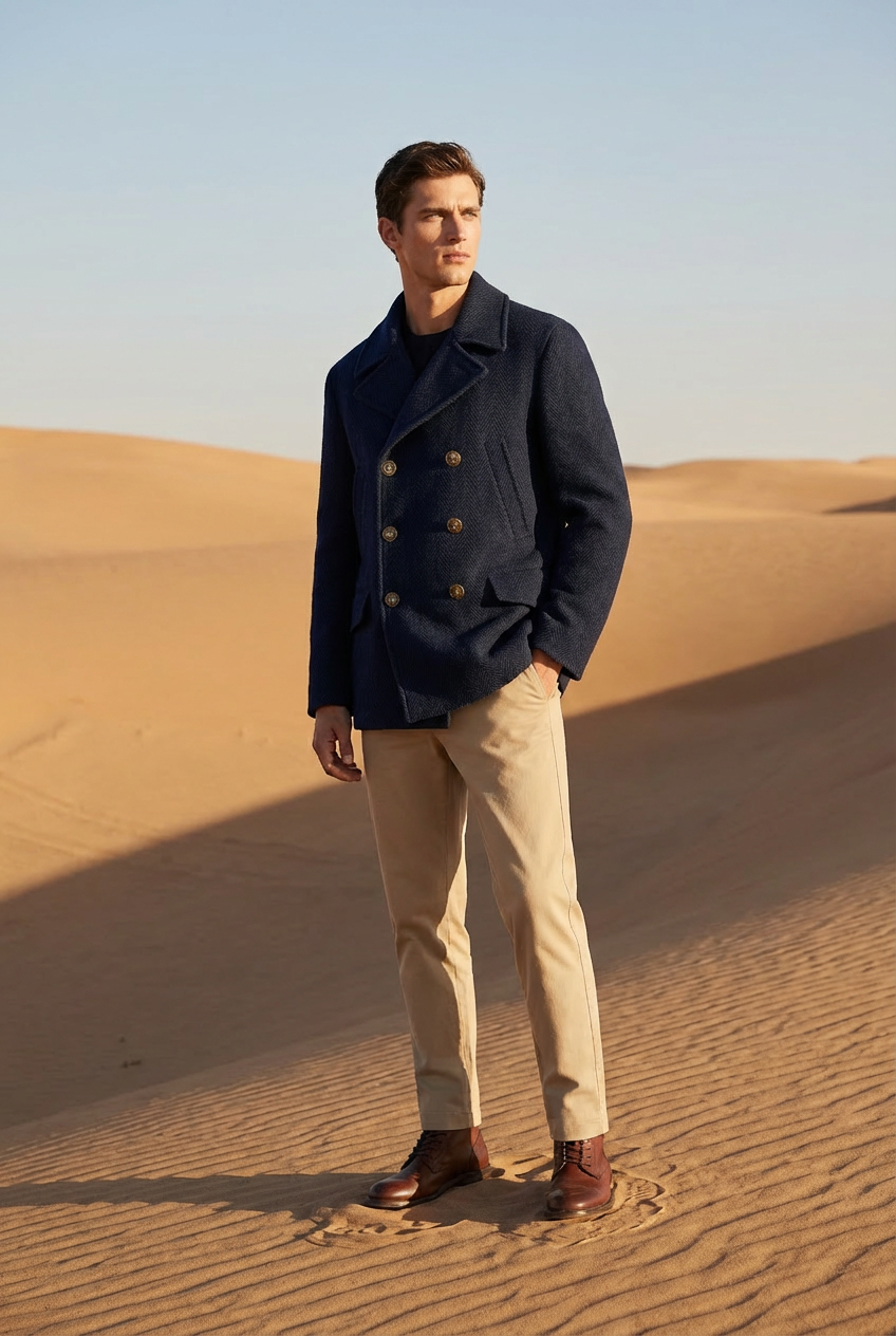 Men's Navy Herringbone Wool Blend Peacoat