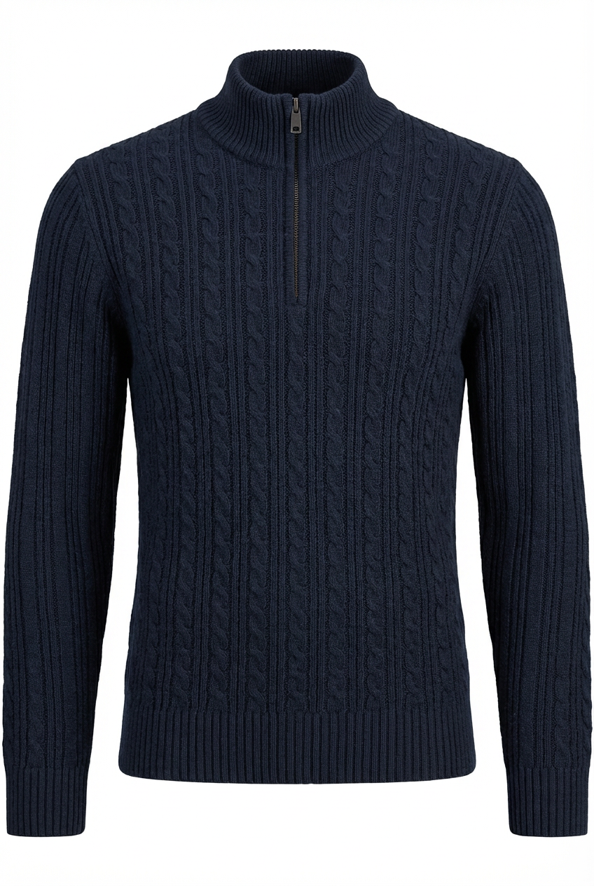 Men's Navy Cable Knit Quarter-Zip Sweater
