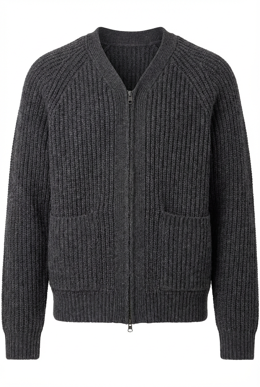 Men's Charcoal Rib-Knit Zipper Cardigan