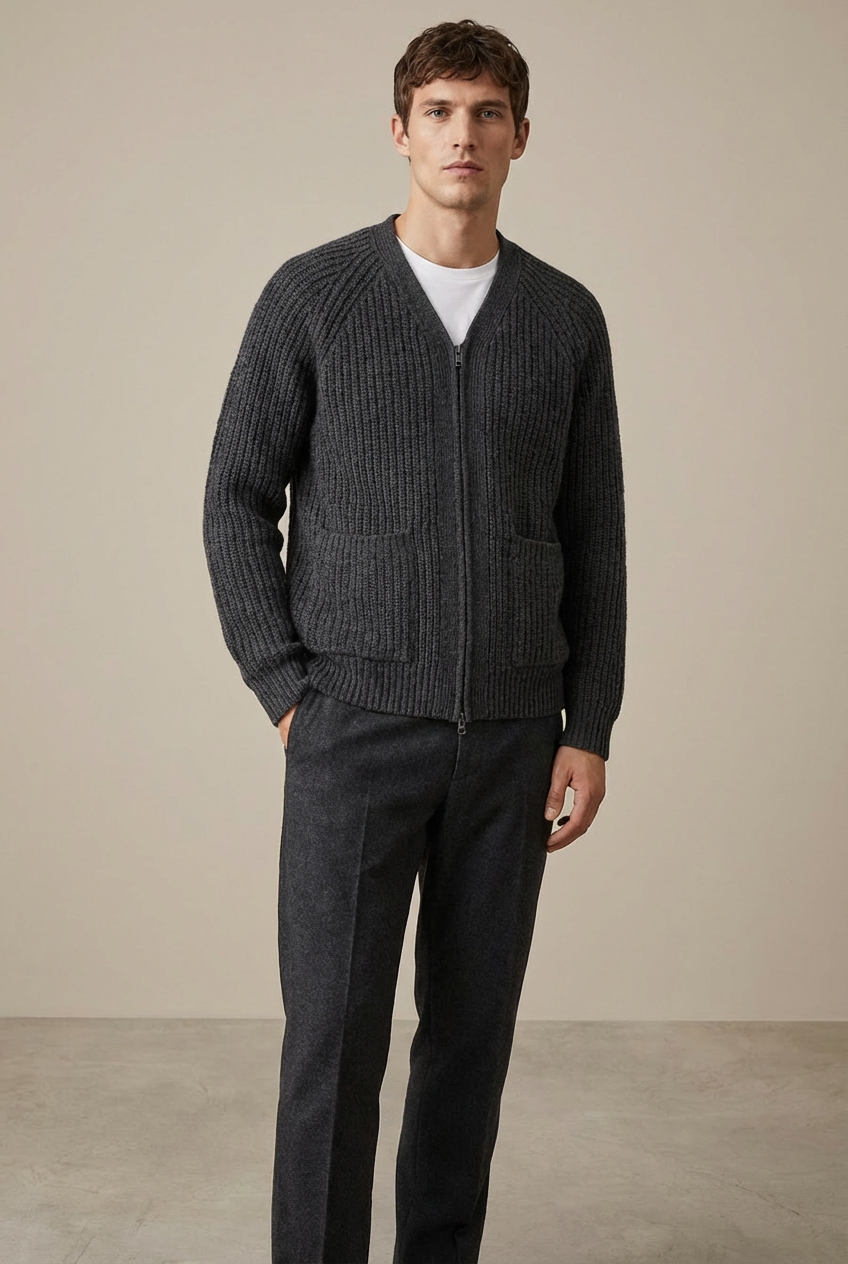 Men's Charcoal Rib-Knit Zipper Cardigan
